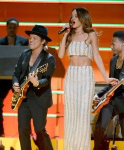 Bruno Mars and Rihanna during the Bob Marley Tribute (Source Grammys.com)