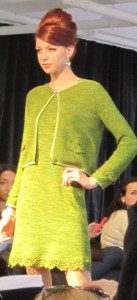 Topaz: Woman's scoop neck dress with cardigan with crocheted long sleeves.