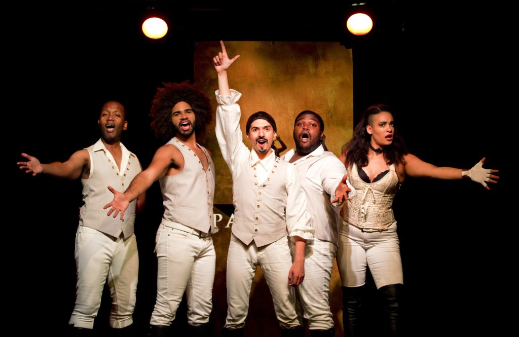 Chris Anthony Giles,Nicholas Edwards,Dan Rosales,Juwan Crawley and Nora Schell. SPAMILTON. Photo by Carol Rosegg